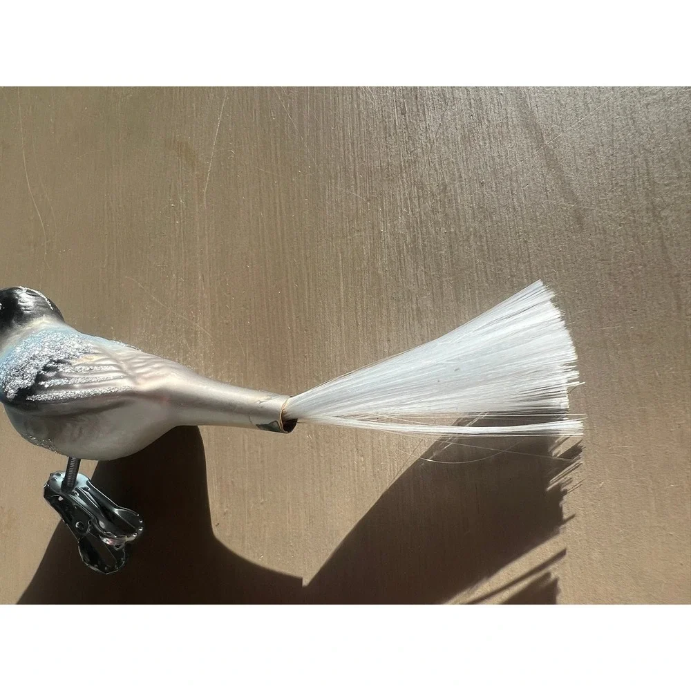 Inge-Glas Forest Finch Glass Ornament Silver Blue Clip-On Germany 34-718